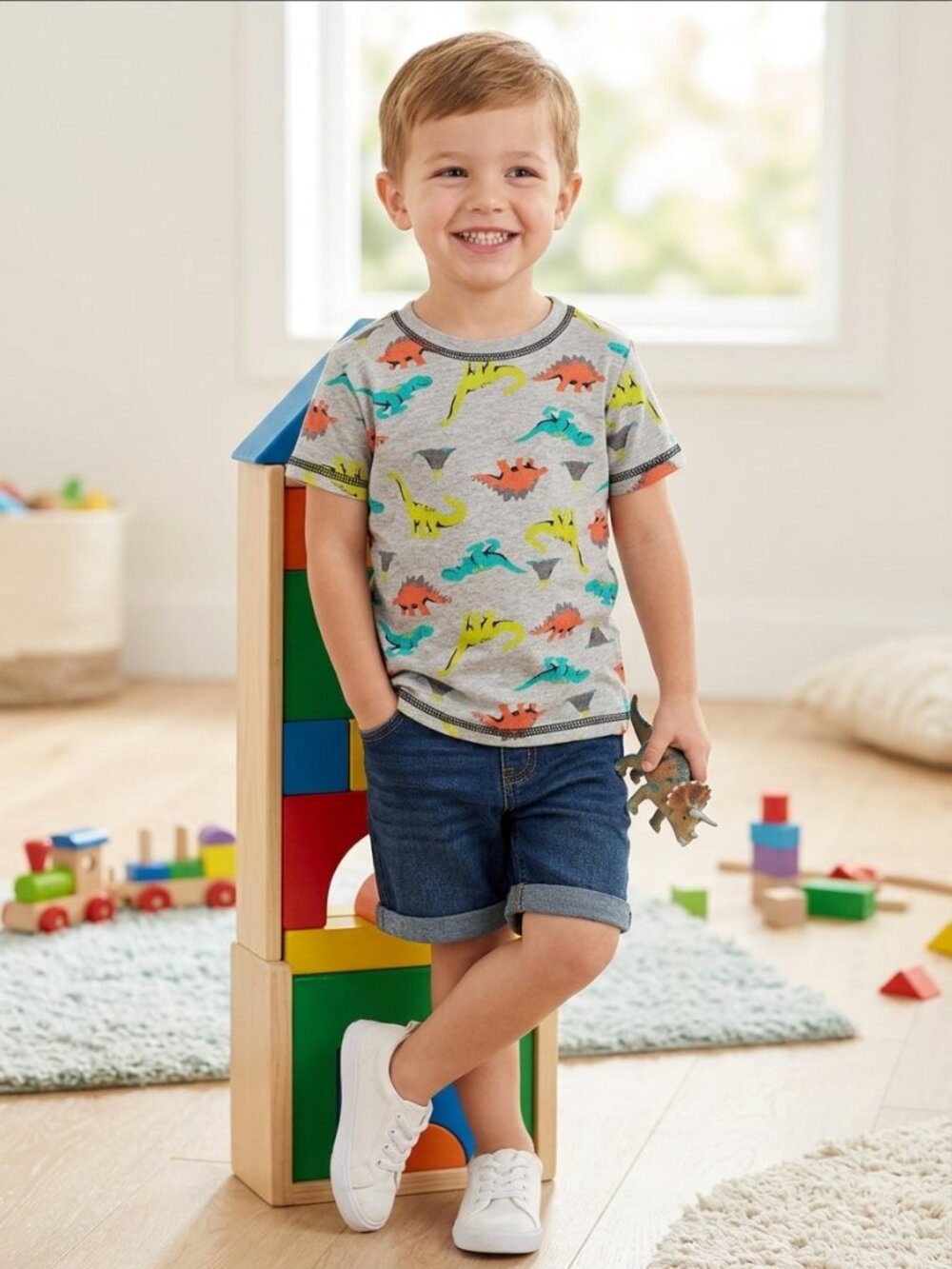 Simple Gray Short Sleeve Tee with Yellow, Teal Dinosaurs toddler size 3T
